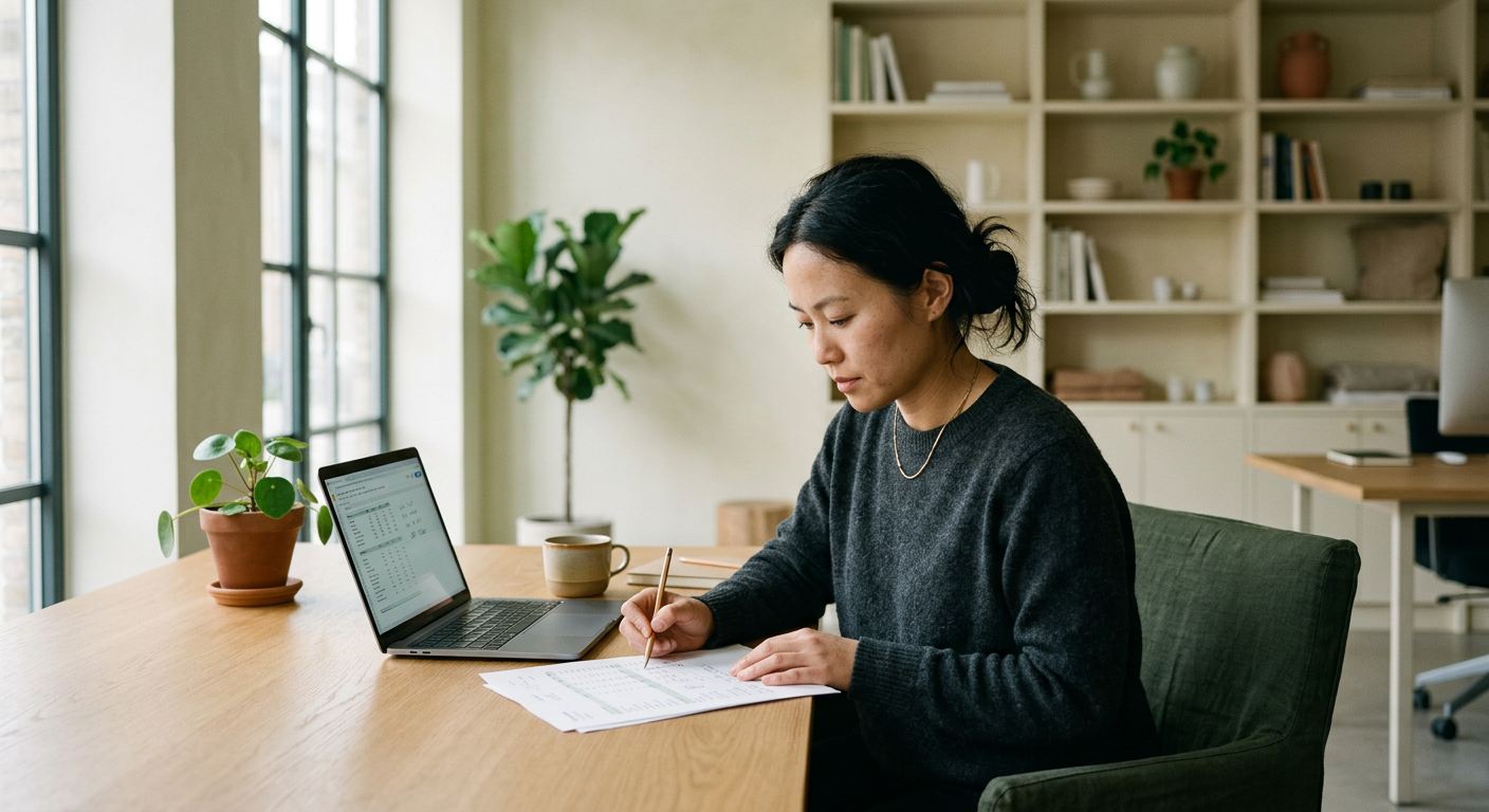 Business owner reviewing work at a desk in a bright, minimal office